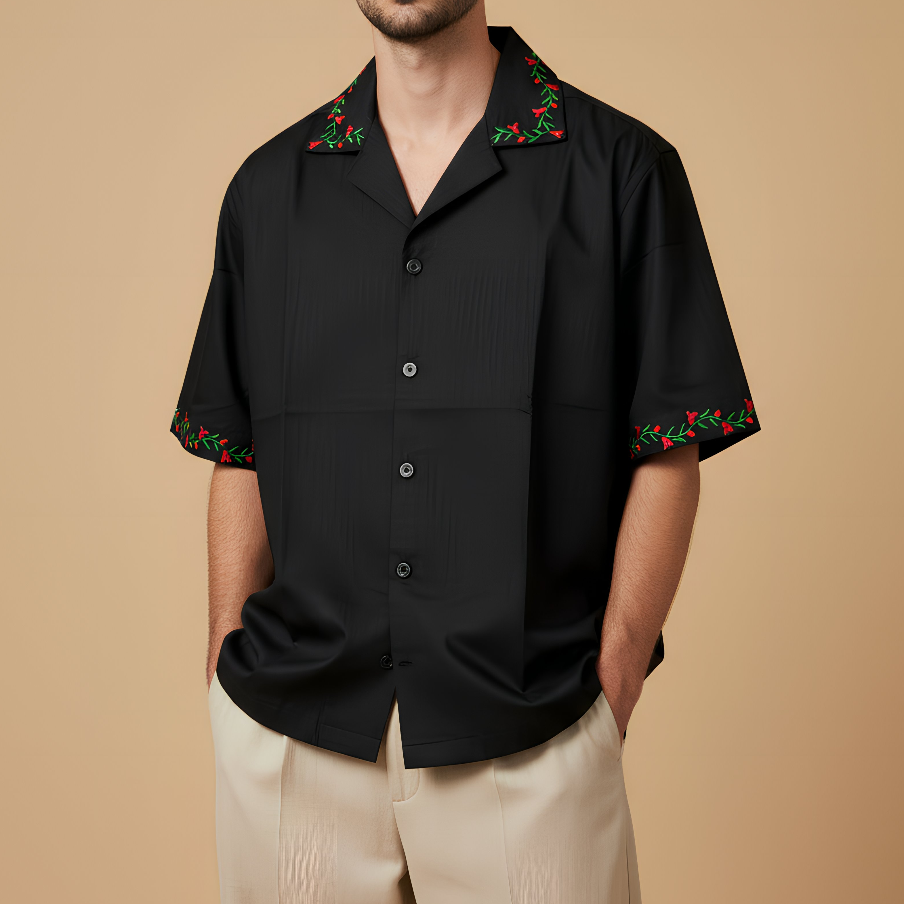 Black Rose Loose Fit Half Sleeve Shirt