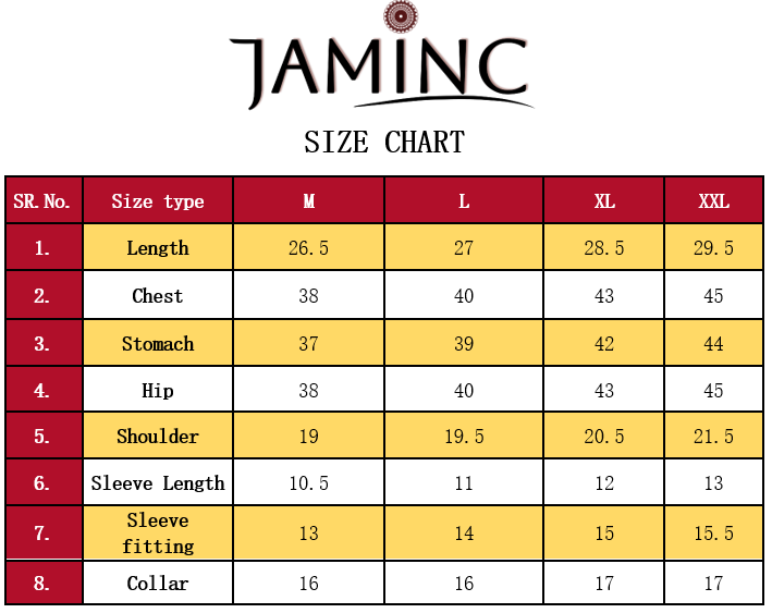 JAMINC size chart for clothing measurements